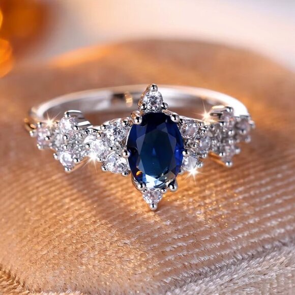 NEW 14K White Gold Blue Sapphire Marquise Cut Diamond Ring - Picture 1 of 6